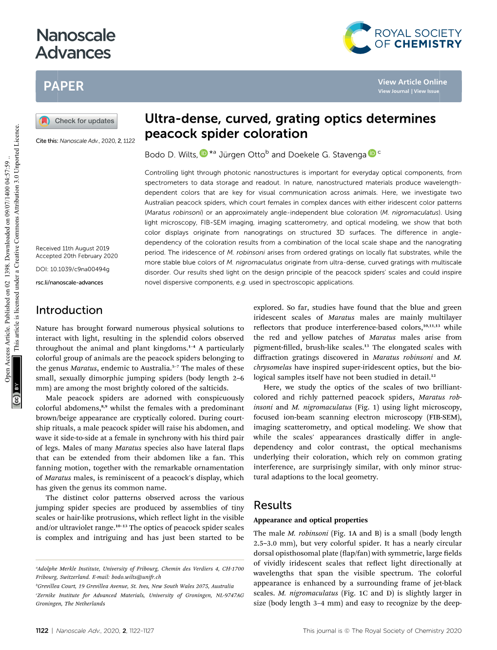 Ultra-Dense, Curved, Grating Optics Determines Peacock Spider Coloration Cite This: Nanoscale Adv., 2020, 2,1122 a B C Bodo D