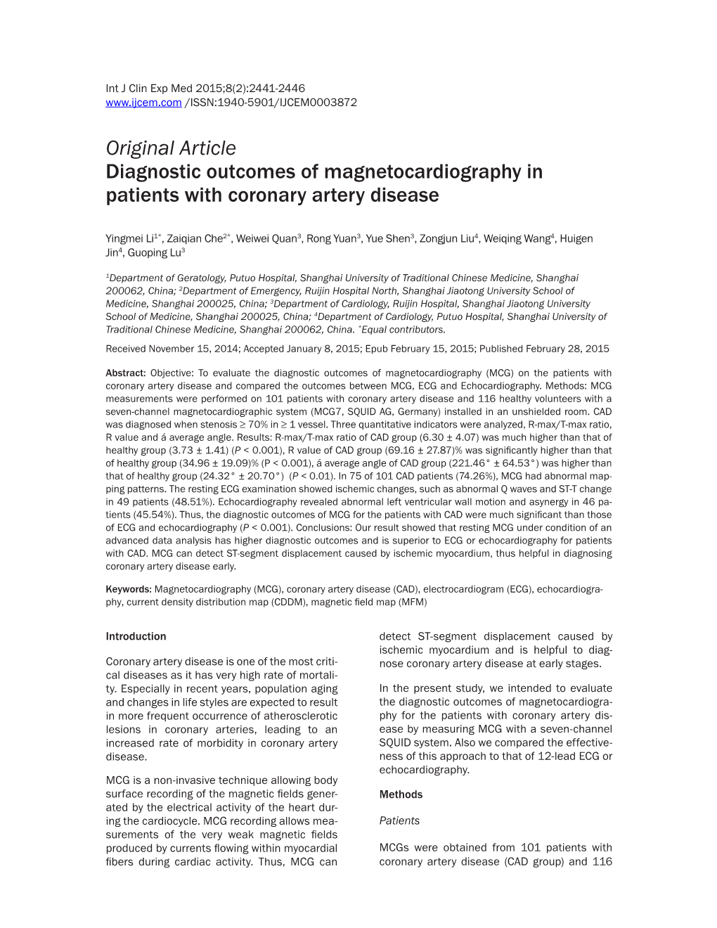 Original Article Diagnostic Outcomes of Magnetocardiography in Patients with Coronary Artery Disease