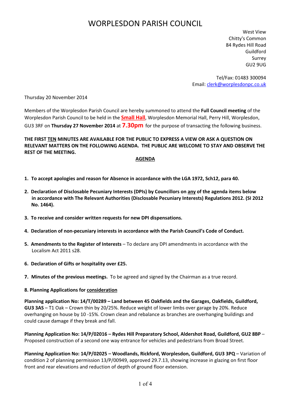 WORPLESDON PARISH COUNCIL West View Chitty's Common 84 Rydes Hill Road Guildford Surrey GU2 9UG