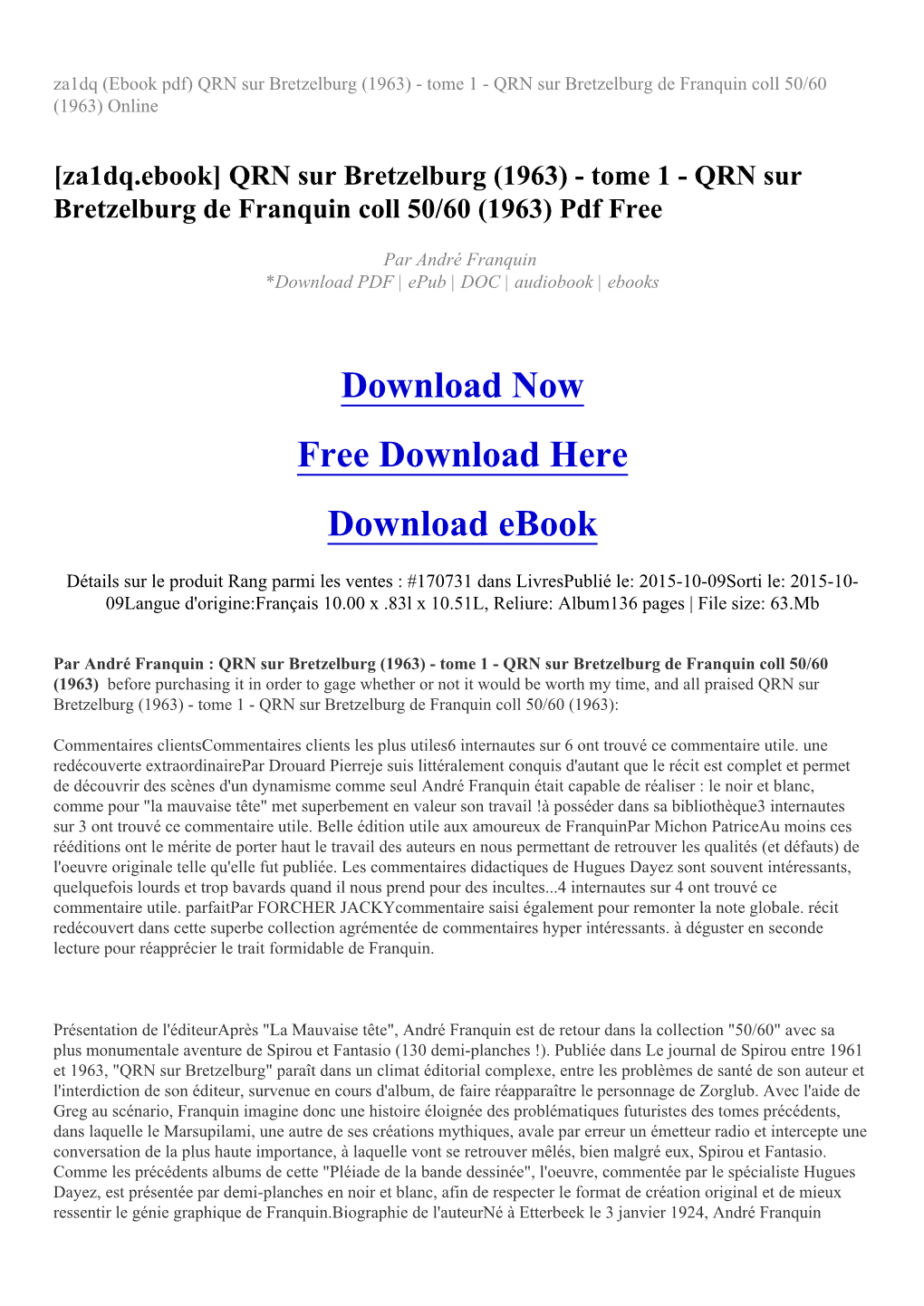 Za1dq (Ebook Pdf) QRN Sur Bretzelburg (1963) - Tome 1 - QRN Sur Bretzelburg De Franquin Coll 50/60 (1963) Online