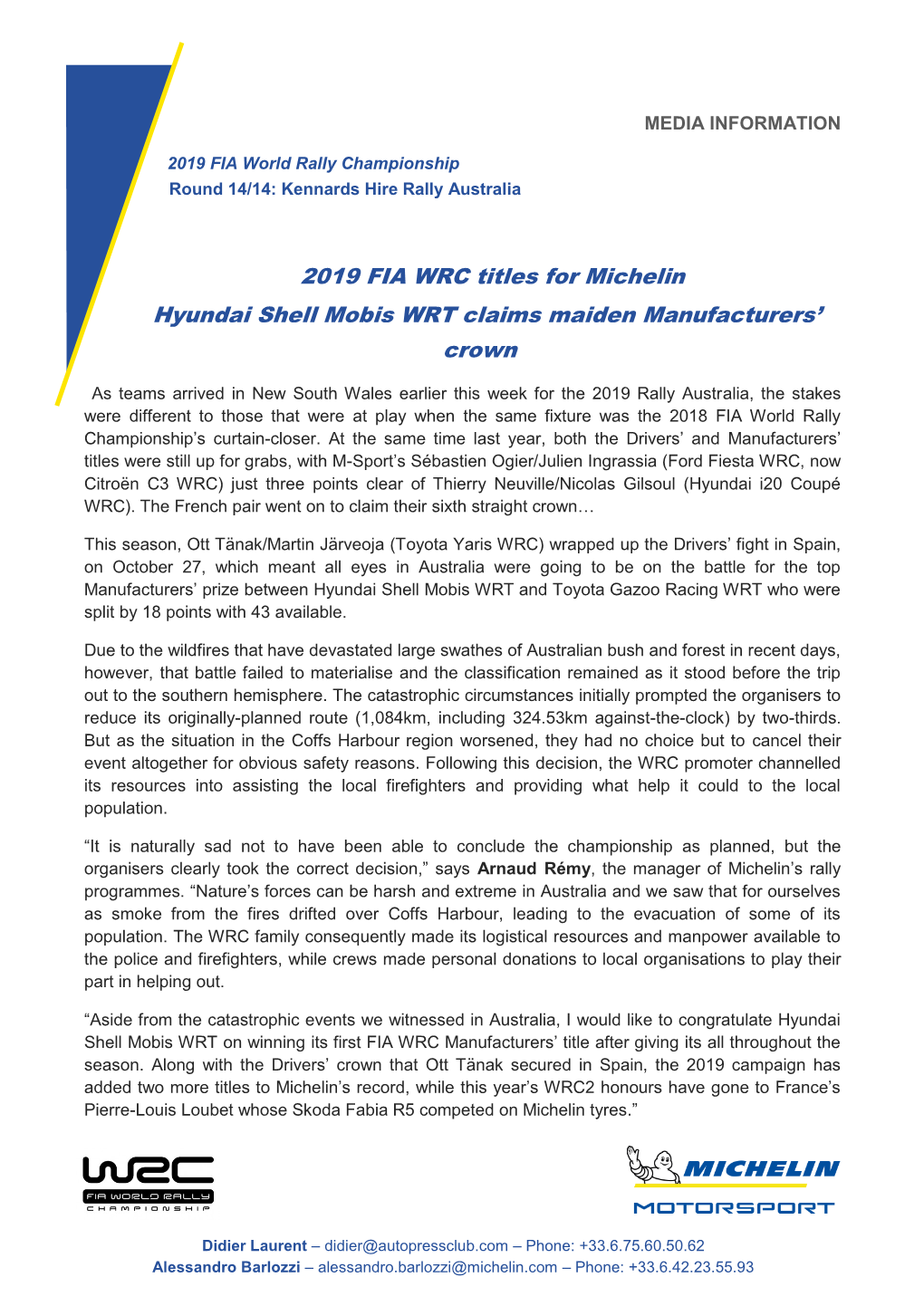 2019 FIA WRC Titles for Michelin Hyundai Shell Mobis WRT Claims Maiden Manufacturers' Crown