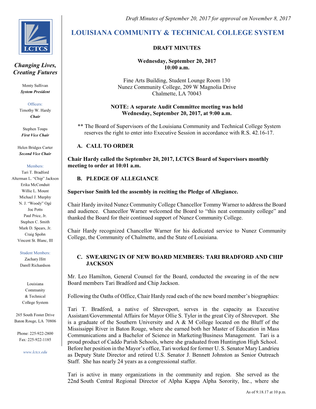 Approval of Meeting Minutes from September 20, 2017