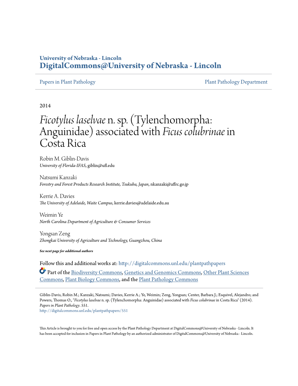 Tylenchomorpha: Anguinidae) Associated with Ficus Colubrinae in Costa Rica Robin M