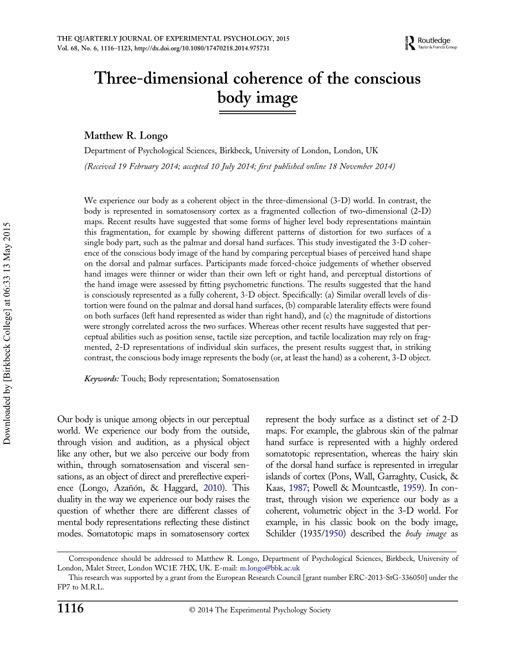Three-Dimensional Coherence of the Conscious Body'image