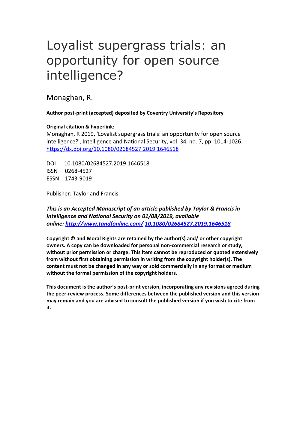 Loyalist Supergrass Trials: an Opportunity for Open Source Intelligence?