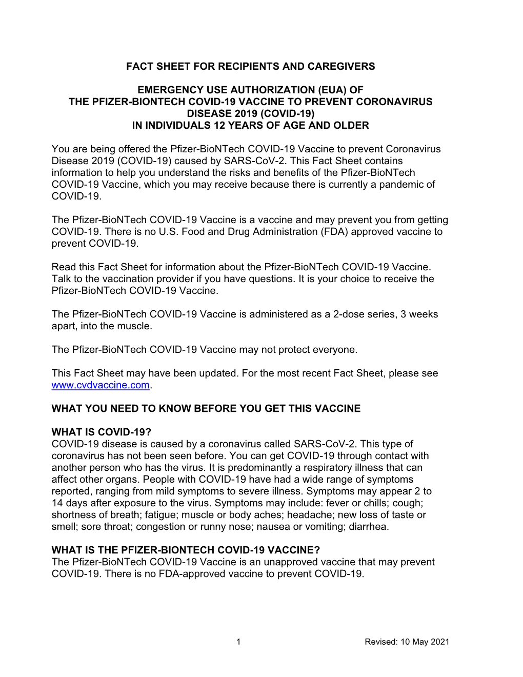 Pfizer-Biontech COVID-19 Vaccine EUA Fact Sheet for Recipients And