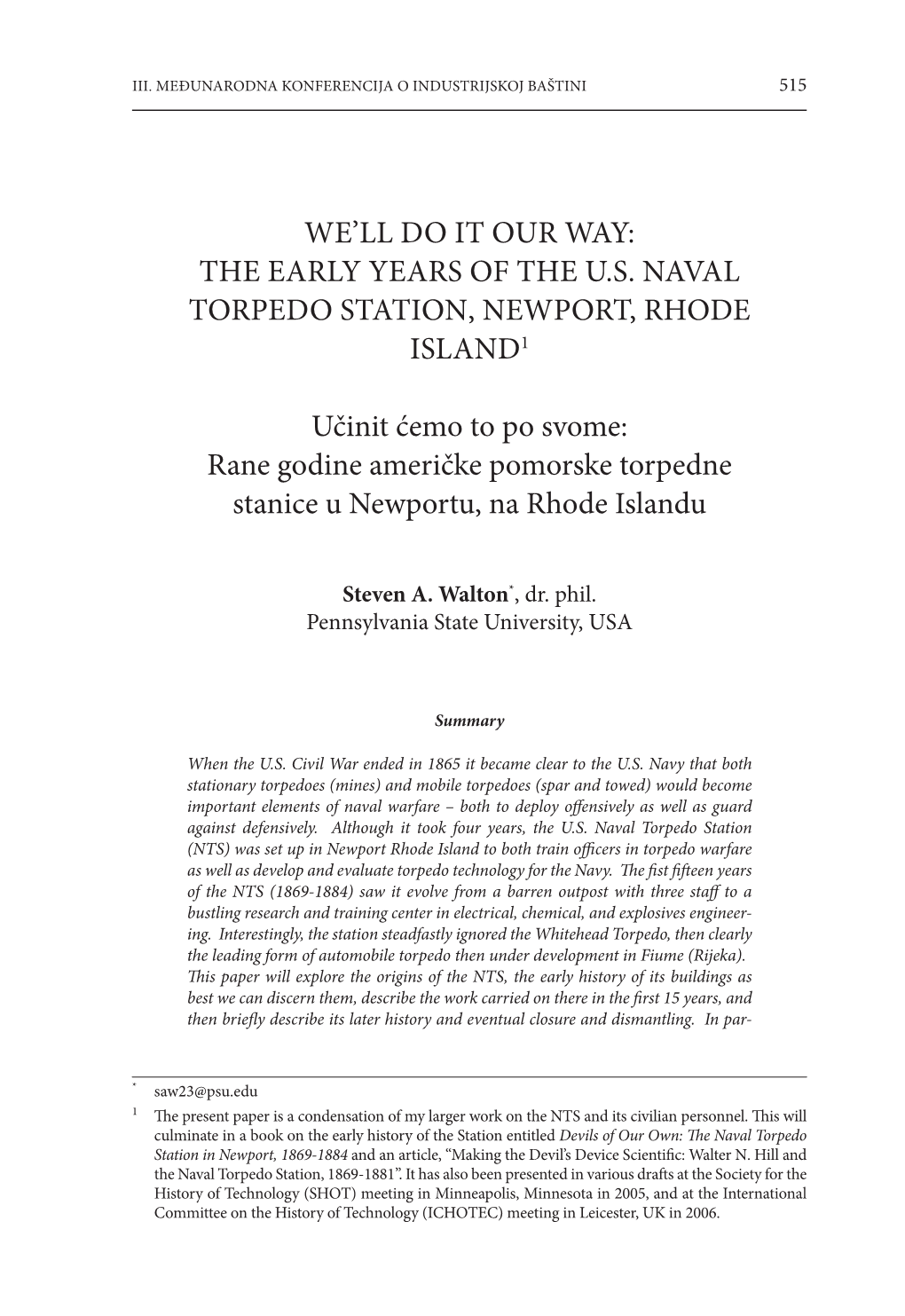 The Early Years of the Us Naval Torpedo Station, Newport