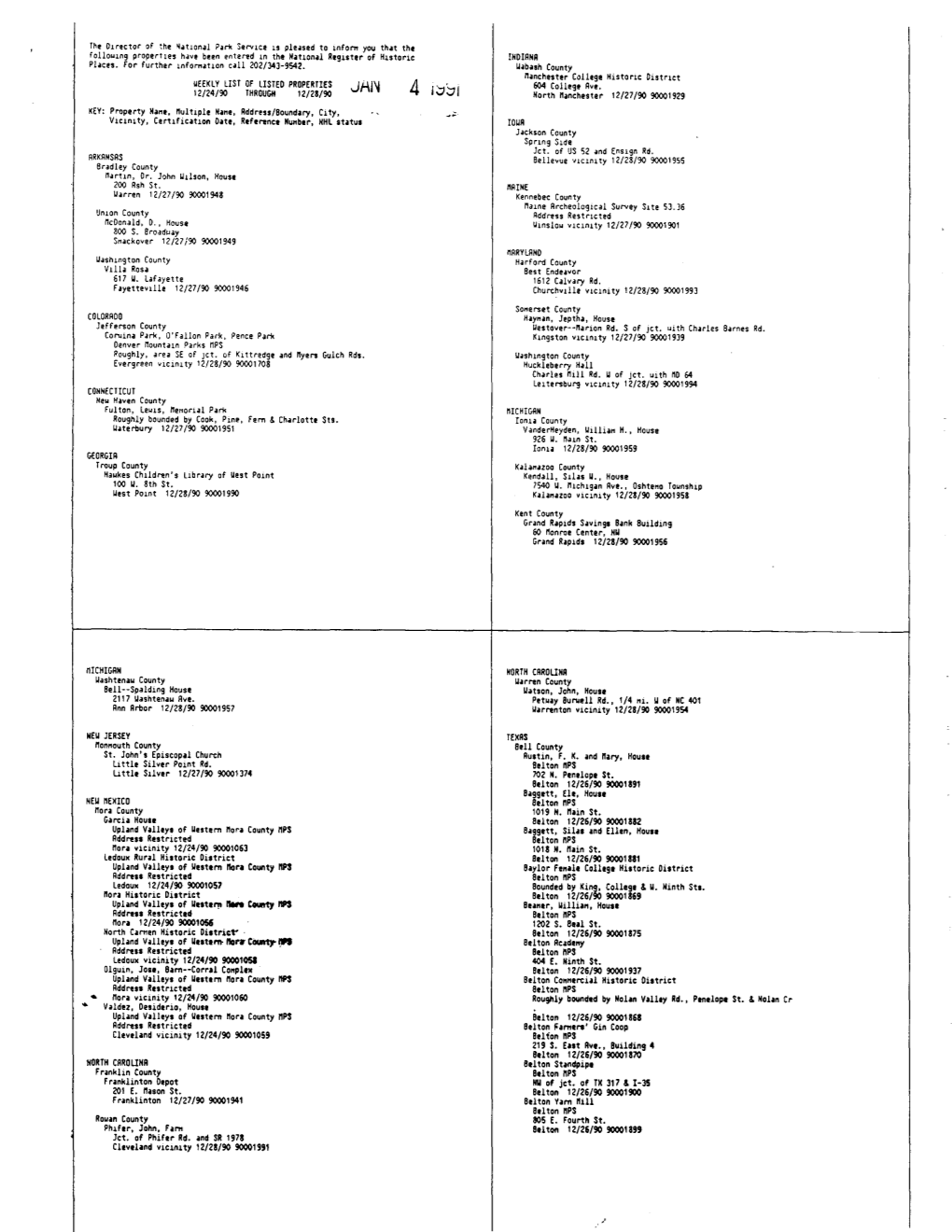 National Register of Historic Places Weekly Lists for 1991