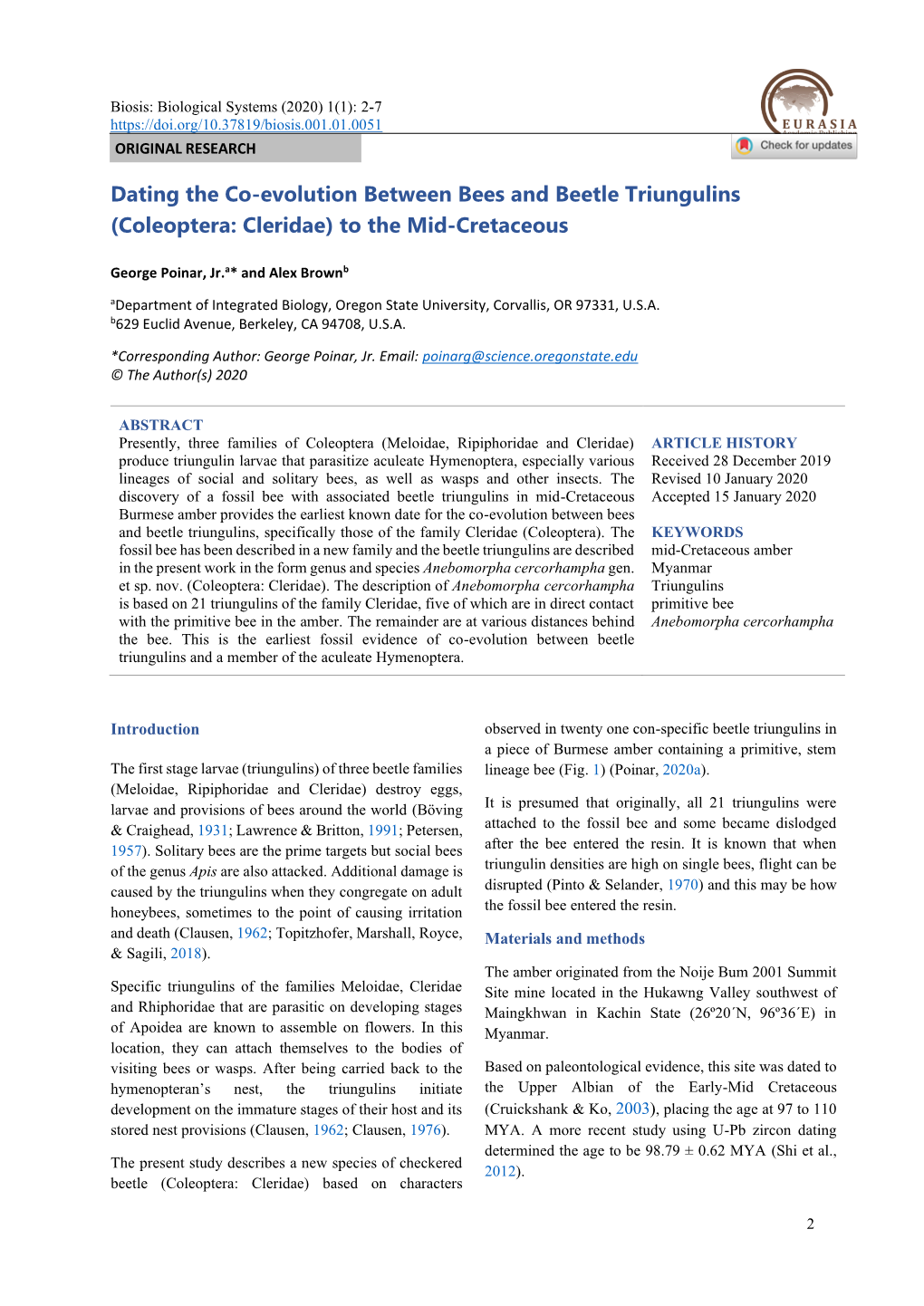 Dating the Co-Evolution Between Bees and Beetle Triungulins (Coleoptera: Cleridae) to the Mid-Cretaceous