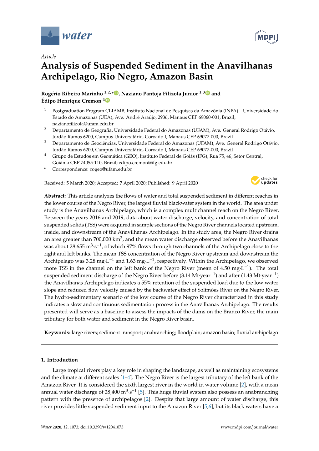 Analysis of Suspended Sediment in the Anavilhanas Archipelago, Rio Negro, Amazon Basin