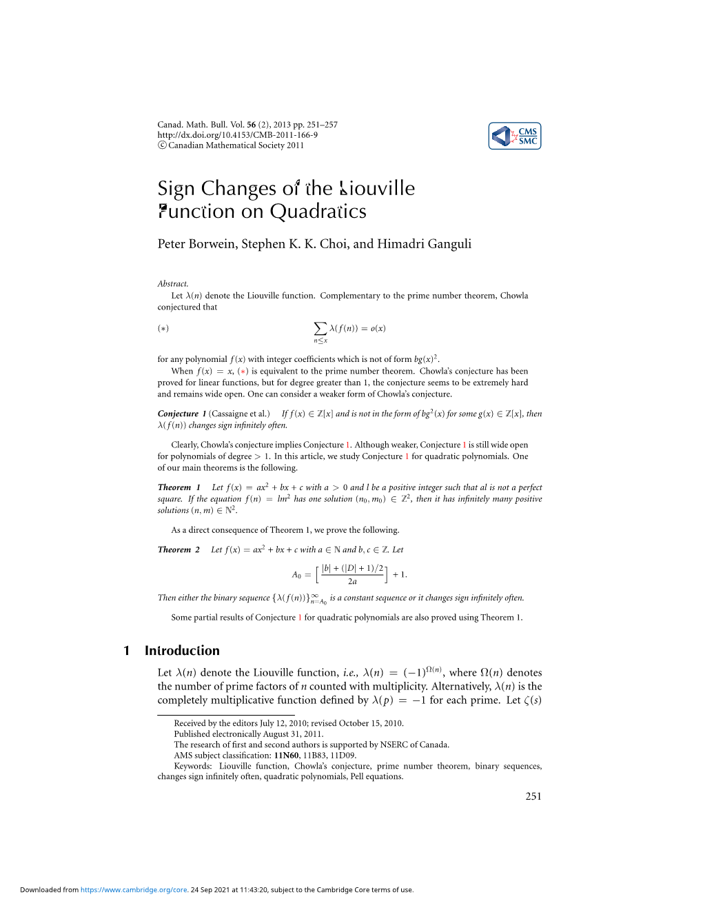 Sign Changes of the Liouville Function on Quadratics