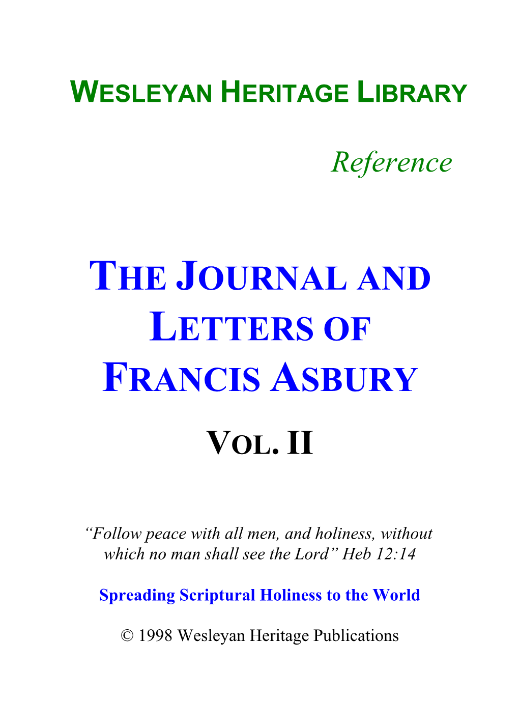 The Journal and Letters of Francis Asbury, Vol. II