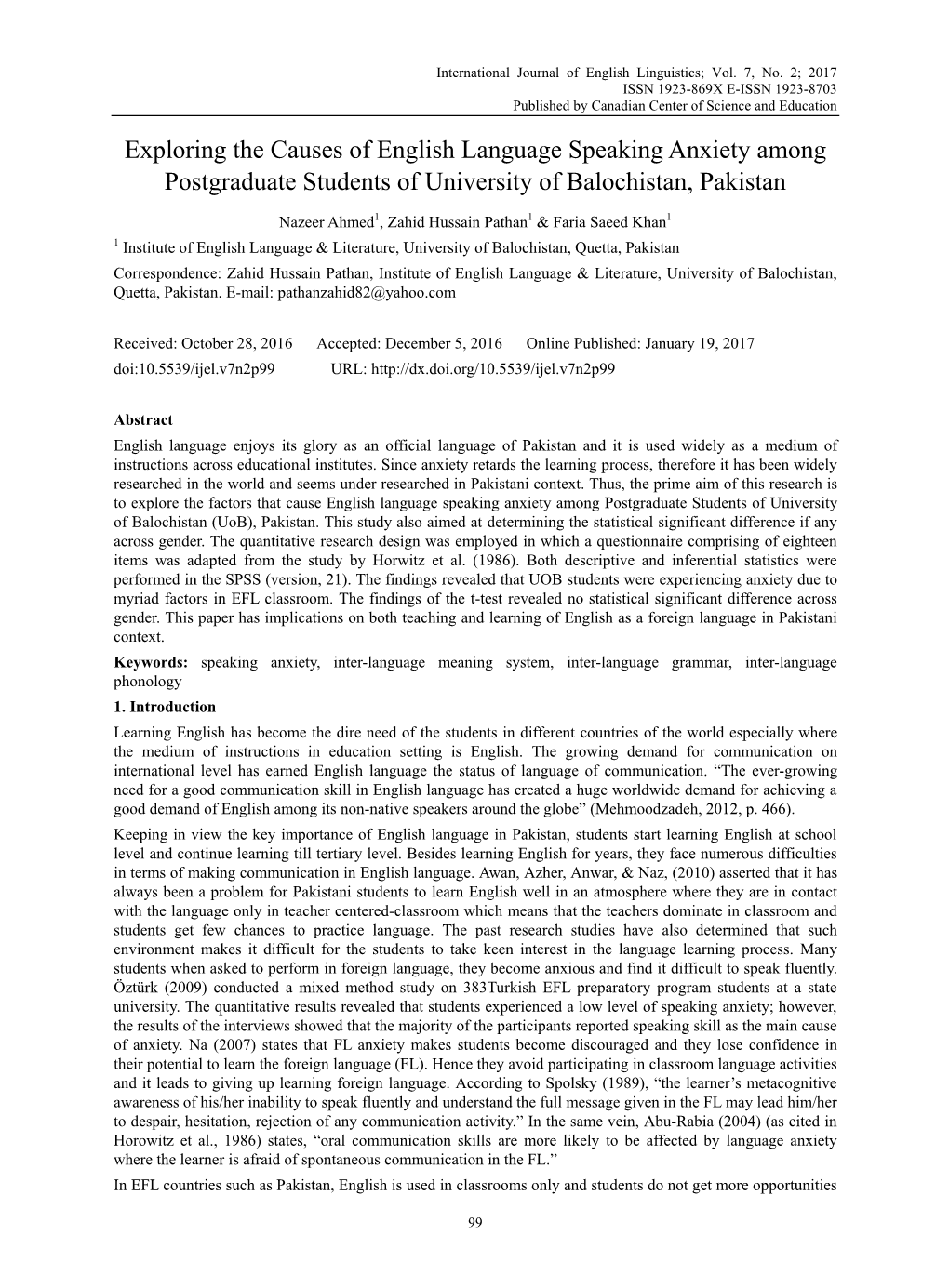 Exploring the Causes of English Language Speaking Anxiety Among Postgraduate Students of University of Balochistan, Pakistan