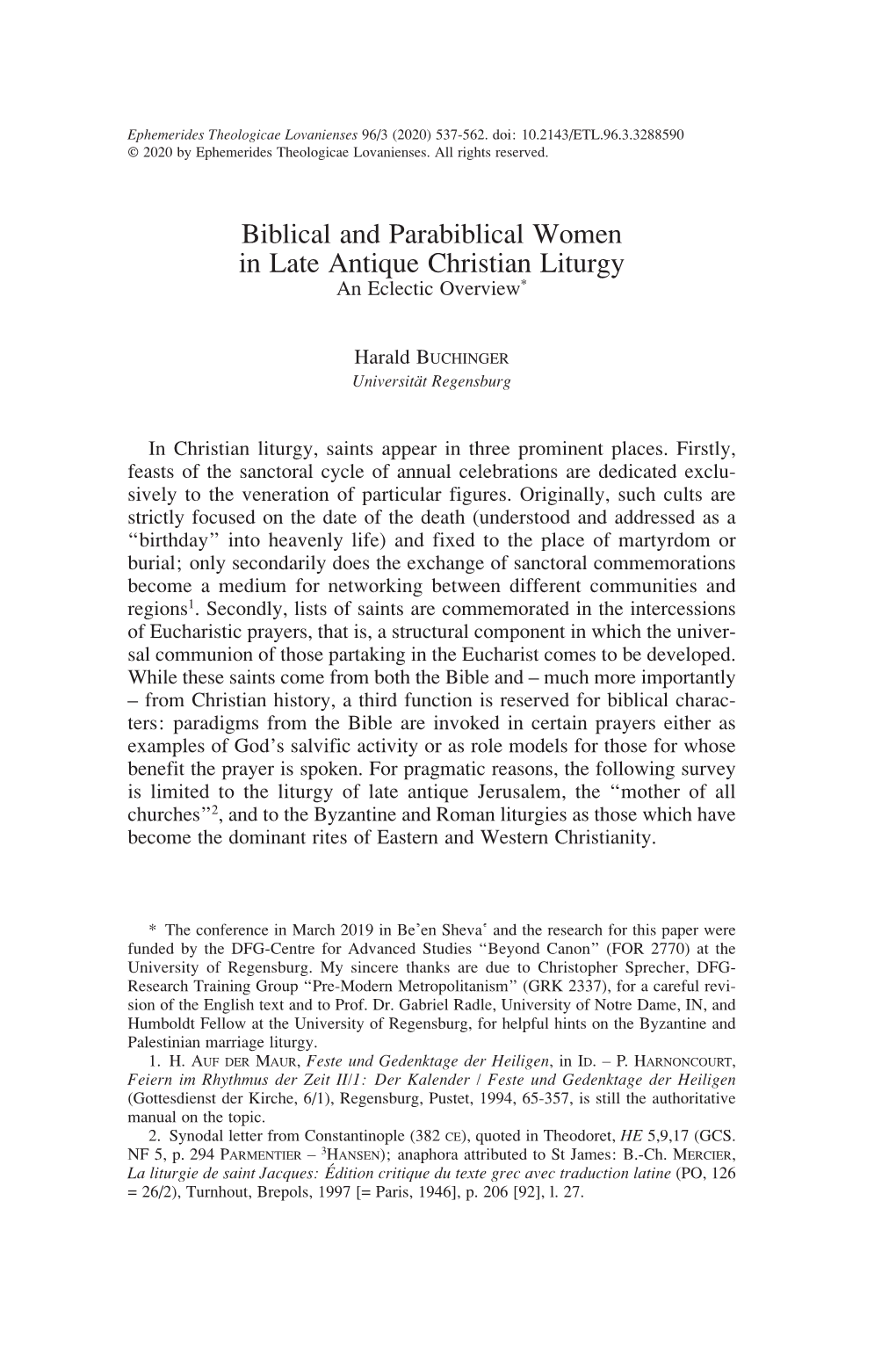 Biblical and Parabiblical Women in Late Antique Christian Liturgy an Eclectic Overview*