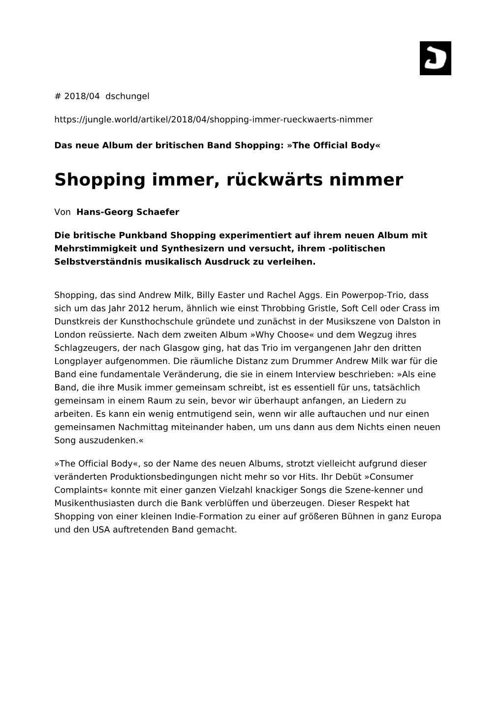 Shopping Immer, Rückwärts Nimmer