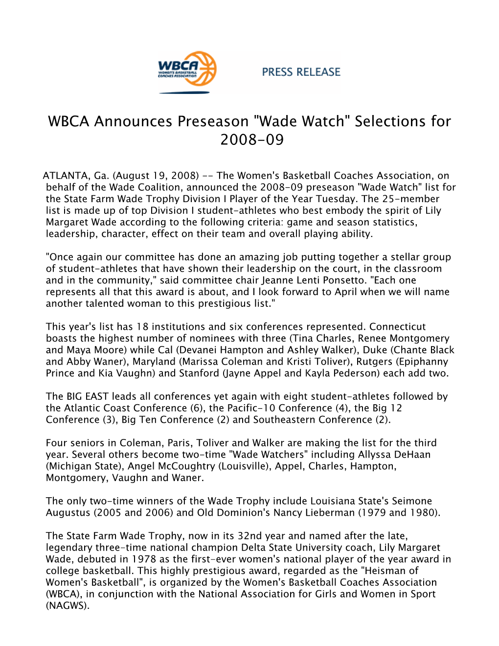 WBCA Announces Preseason 