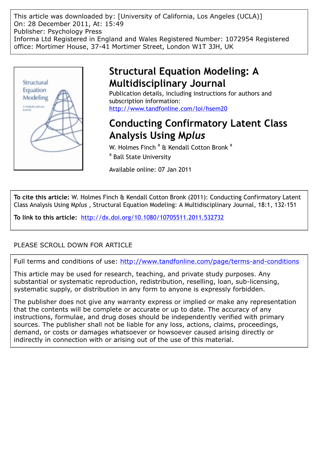 Conducting Confirmatory Latent Class Analysis Using Mplus W