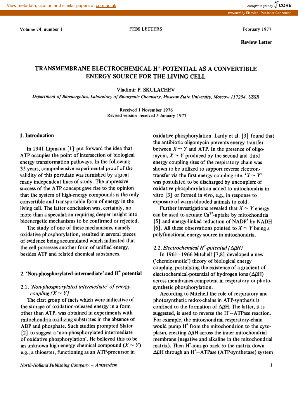 Review Letter TRANSMEMBRANE ELECTROCHEMICAL H+-POTENTIAL AS a CONVERTIBLE ENERGY SOURCE for the LIVING CELL