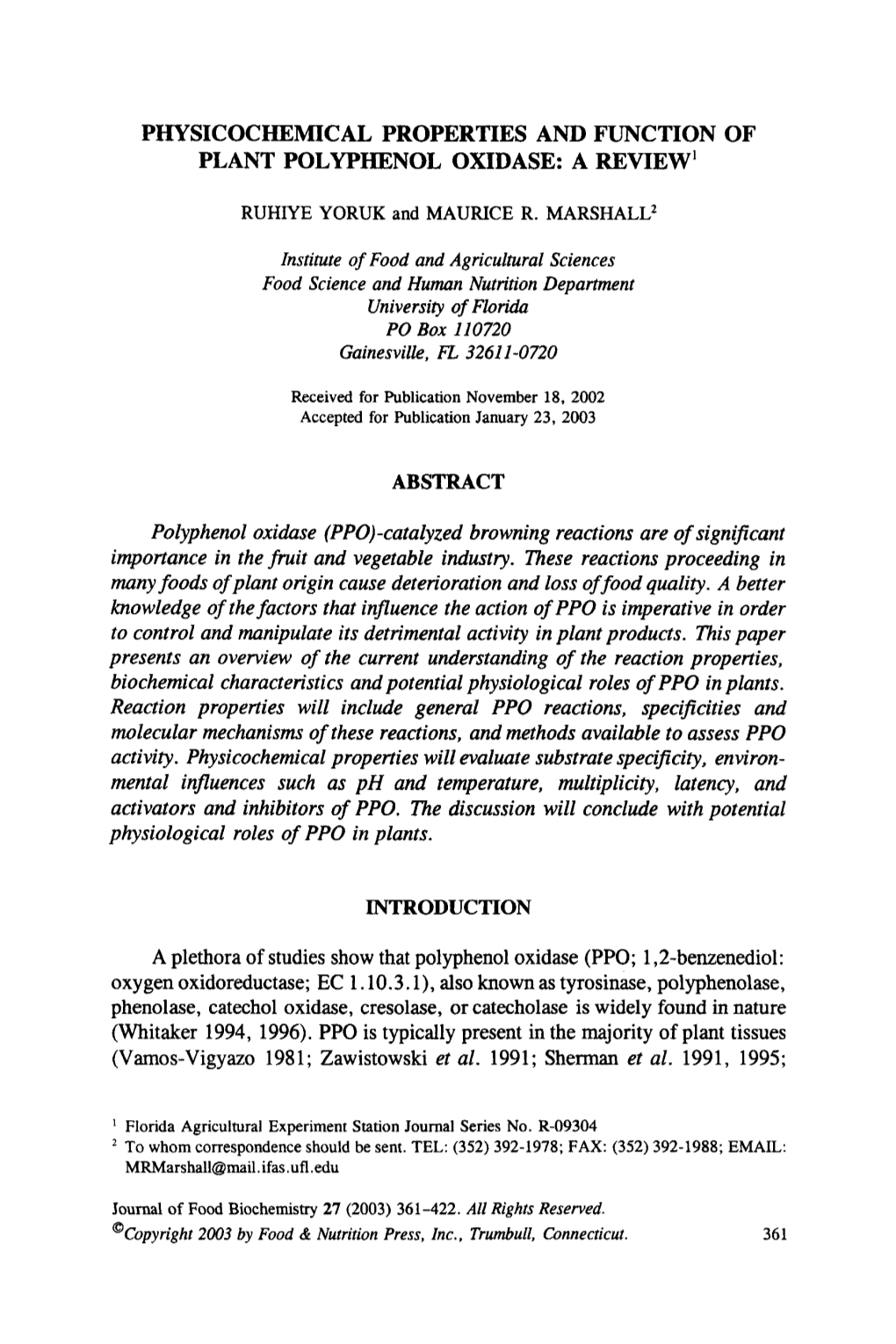 Physicochemical Properties and Function of Plant Polyphenol Oxidase: a Review'