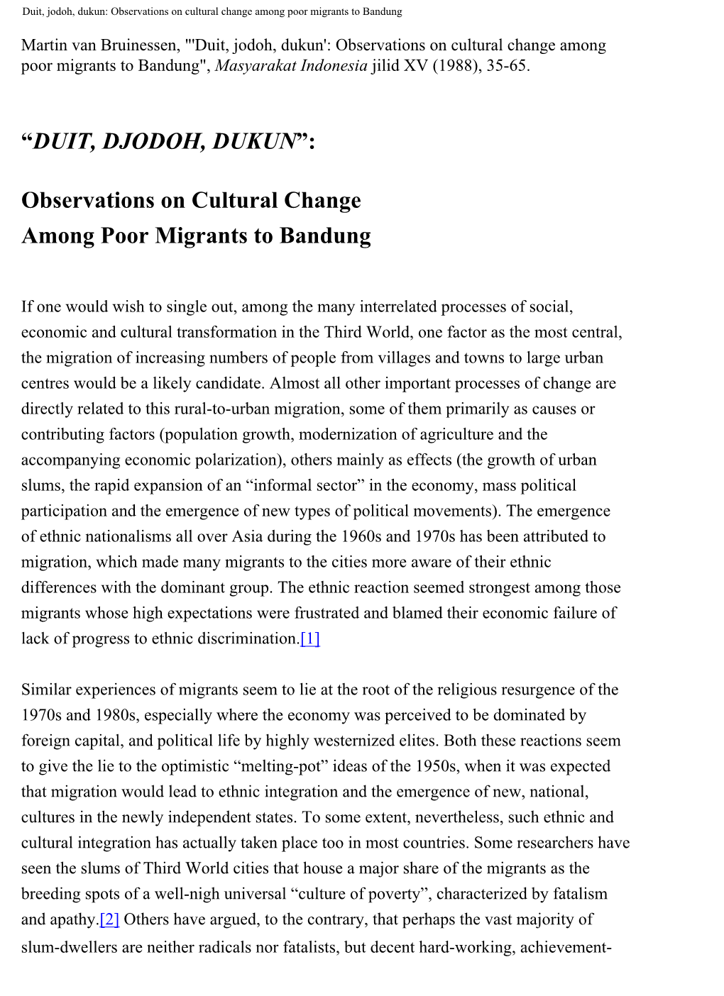 Duit, Jodoh, Dukun: Observations on Cultural Change Among Poor Migrants to Bandung