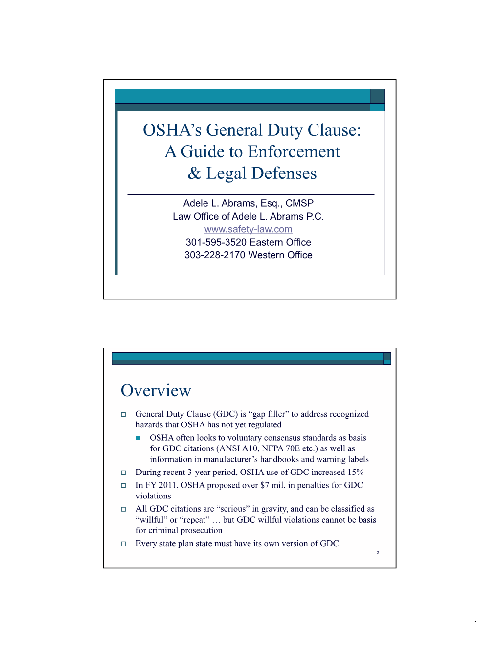 OSHA's General Duty Clause: a Guide to Enforcement & Legal Defenses