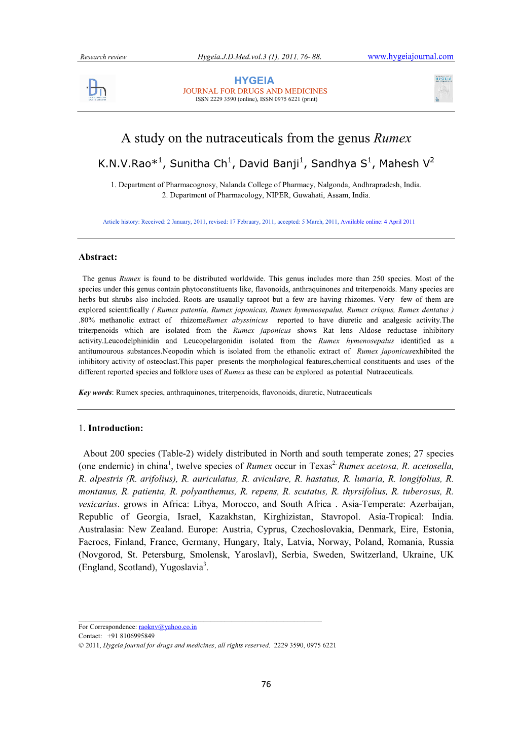 A Study on the Nutraceuticals from the Genus Rumex