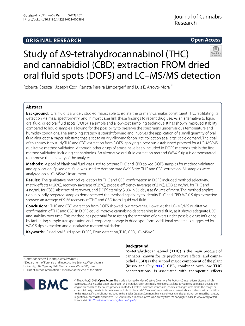 (THC) and Cannabidiol (CBD) Extraction from Dried Oral Fluid Spots