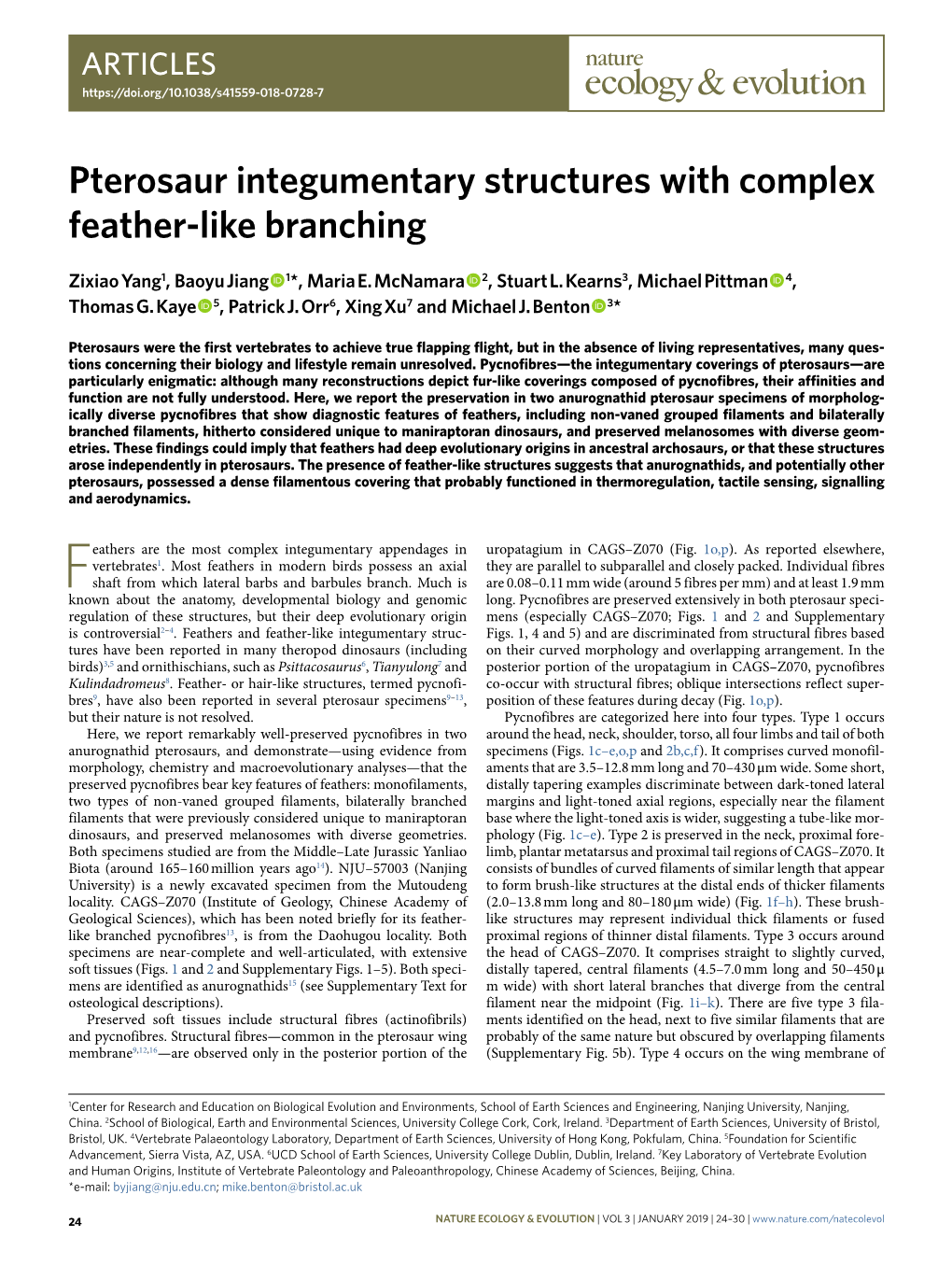 Pterosaur Integumentary Structures with Complex Feather-Like Branching