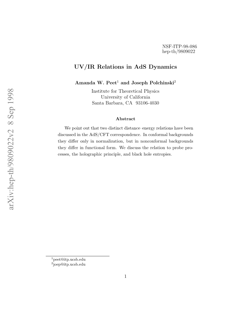 Arxiv:Hep-Th/9809022V2 8 Sep 1998