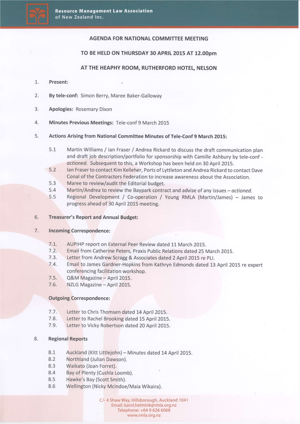 Agenda for National Committee Meeting To