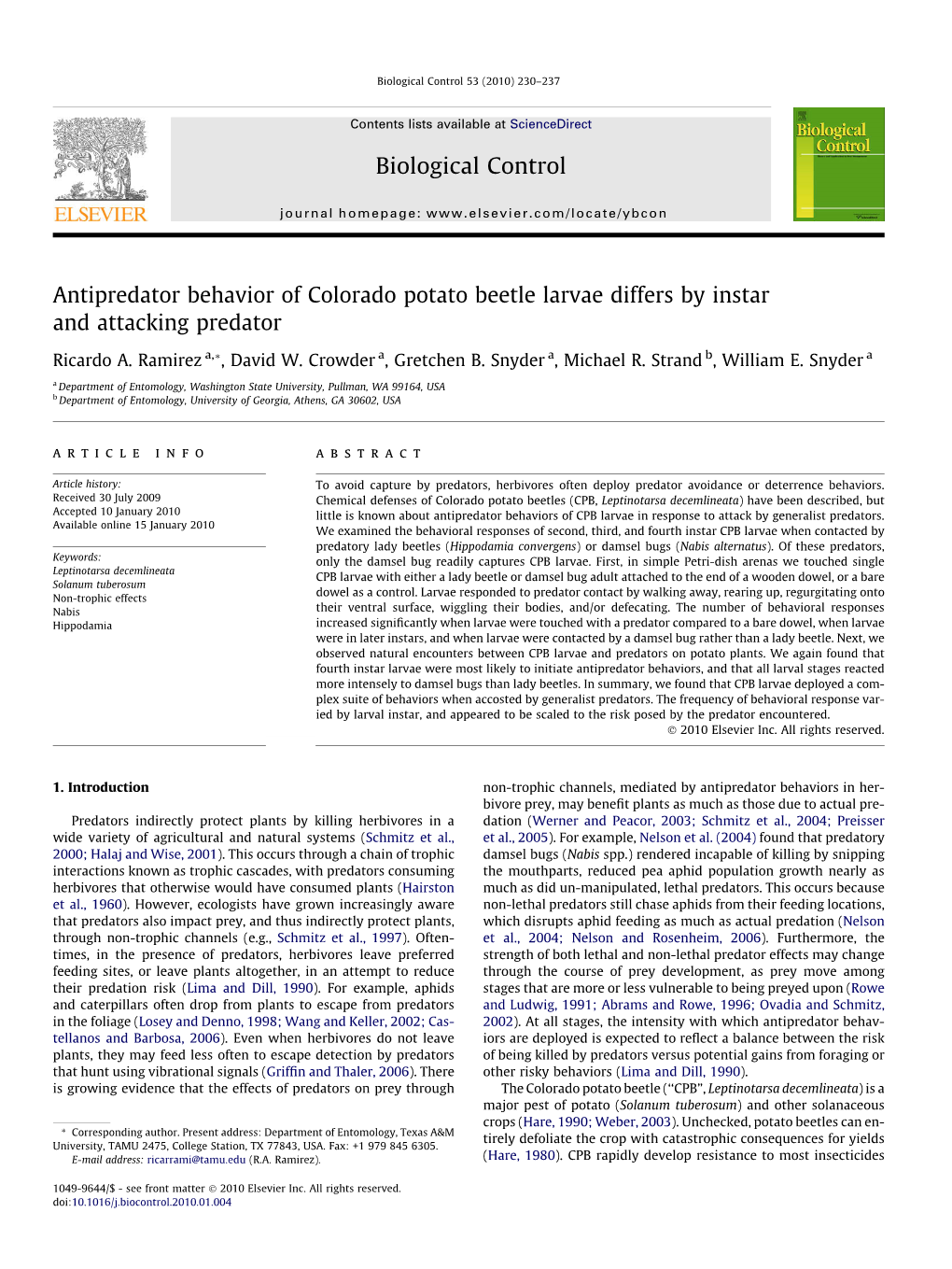 Antipredator Behavior of Colorado Potato Beetle Larvae Differs by Instar and Attacking Predator