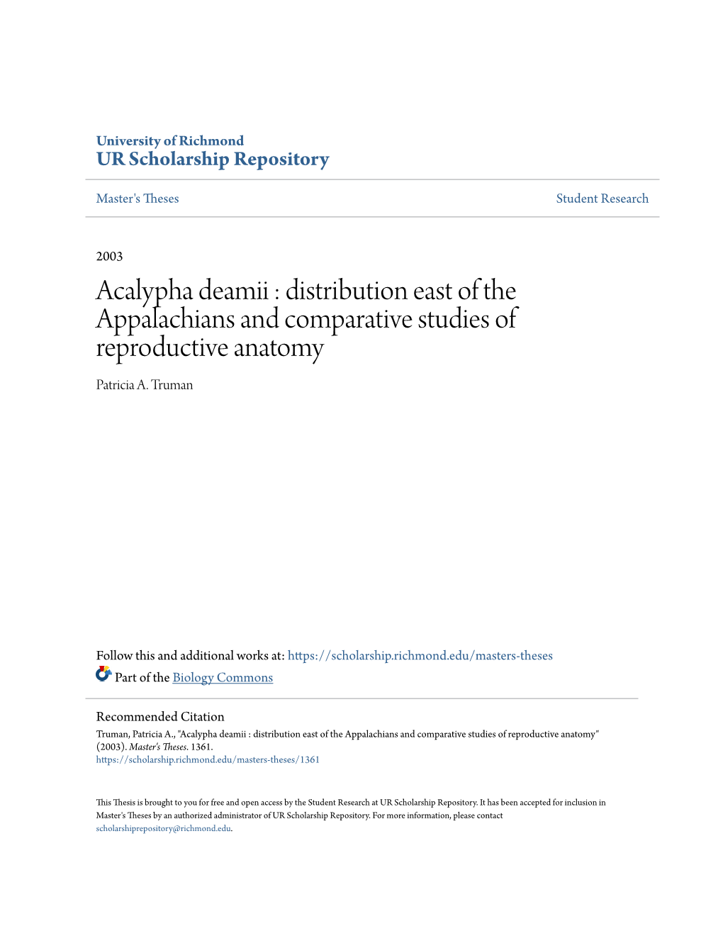 Acalypha Deamii : Distribution East of the Appalachians and Comparative Studies of Reproductive Anatomy Patricia A