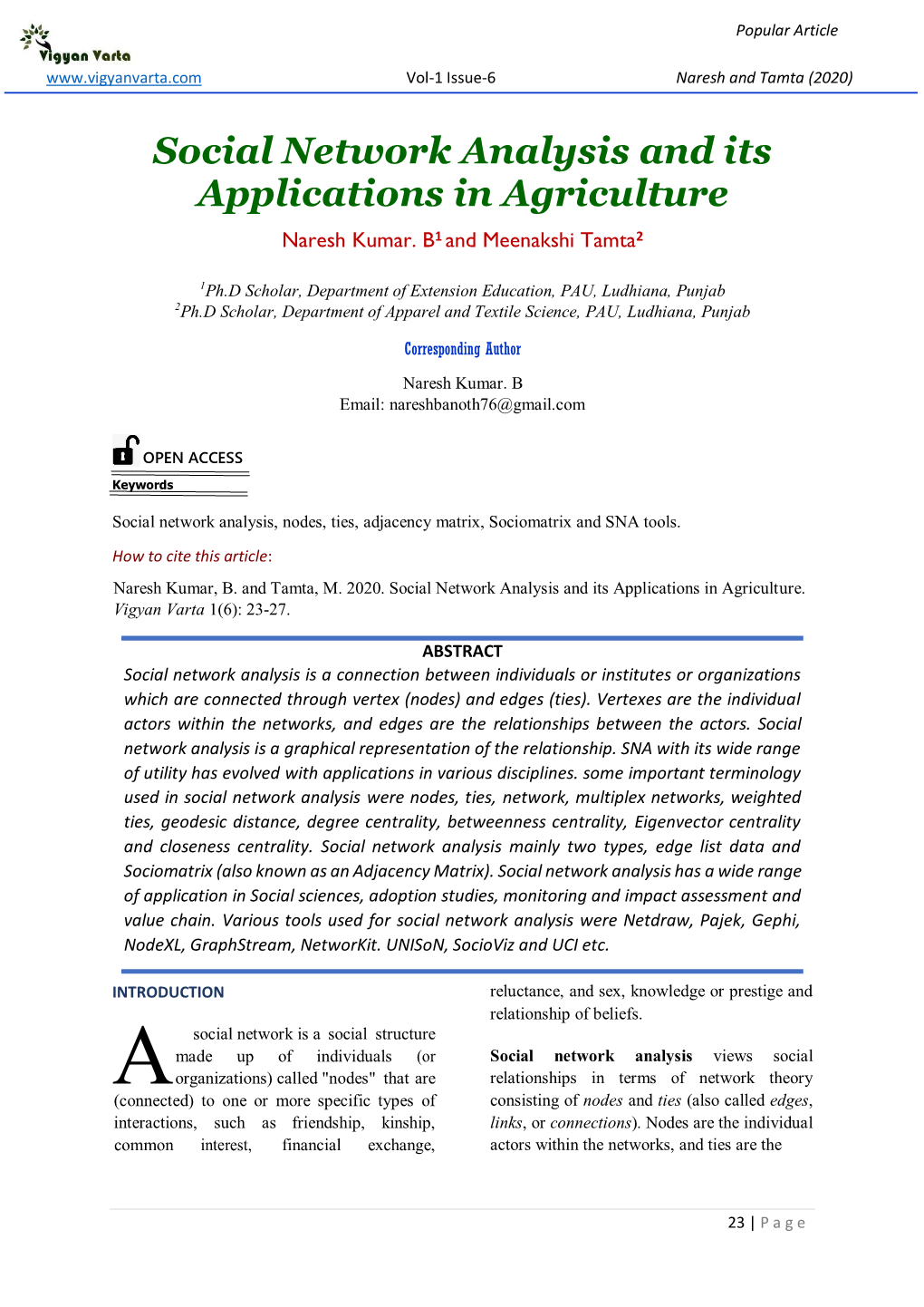 Social Network Analysis and Its Applications in Agriculture