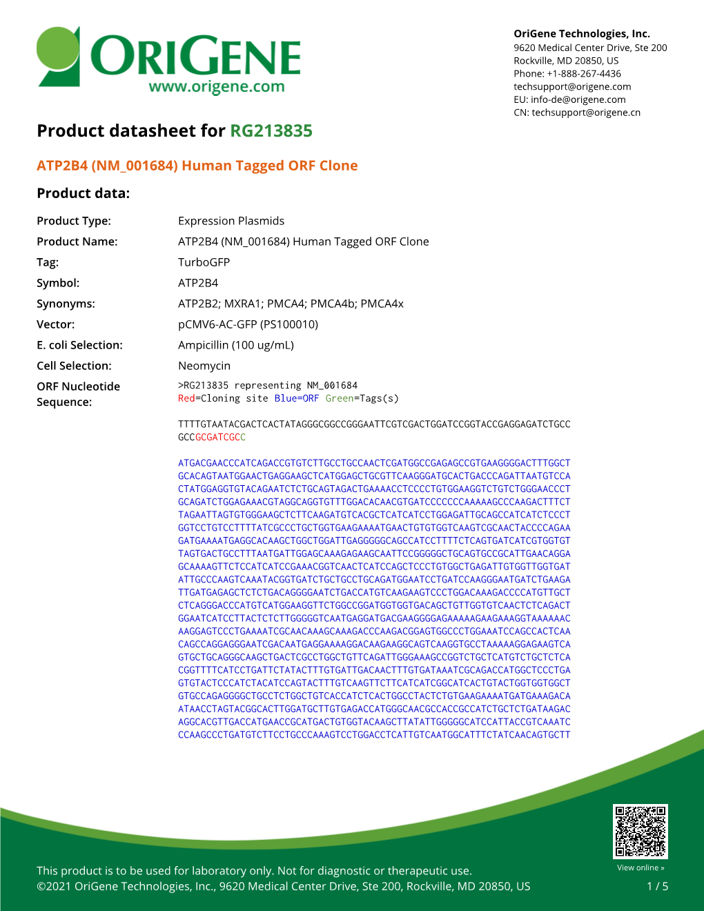 ATP2B4 (NM 001684) Human Tagged ORF Clone Product Data