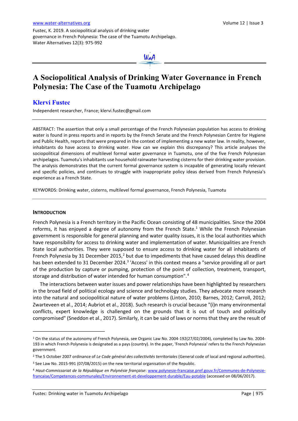 A Sociopolitical Analysis of Drinking Water Governance in French Polynesia: the Case of the Tuamotu Archipelago