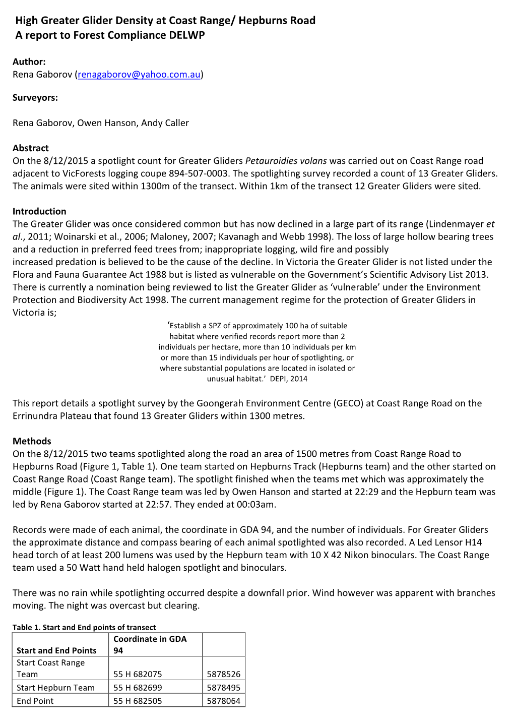 High Greater Glider Density at Coast Range/ Hepburns Road a Report to Forest Compliance DELWP