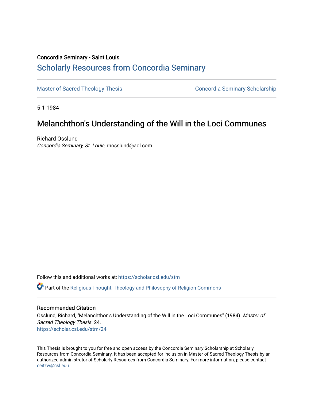 Melanchthon's Understanding of the Will in the Loci Communes