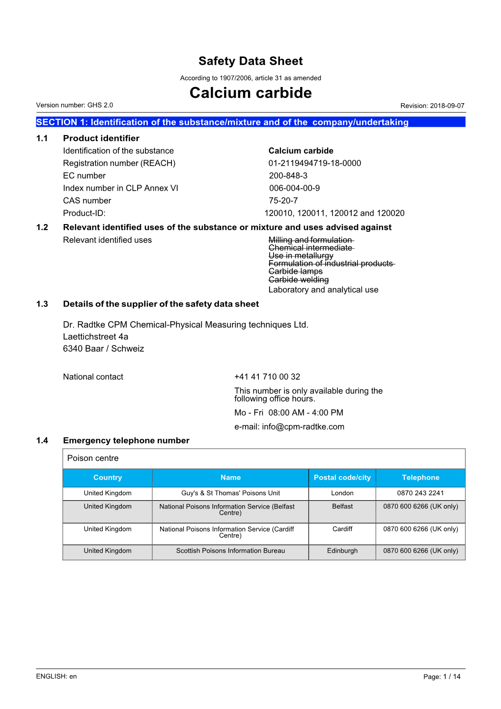 Calcium Carbide Version Number: GHS 2.0 Revision: 2018-09-07