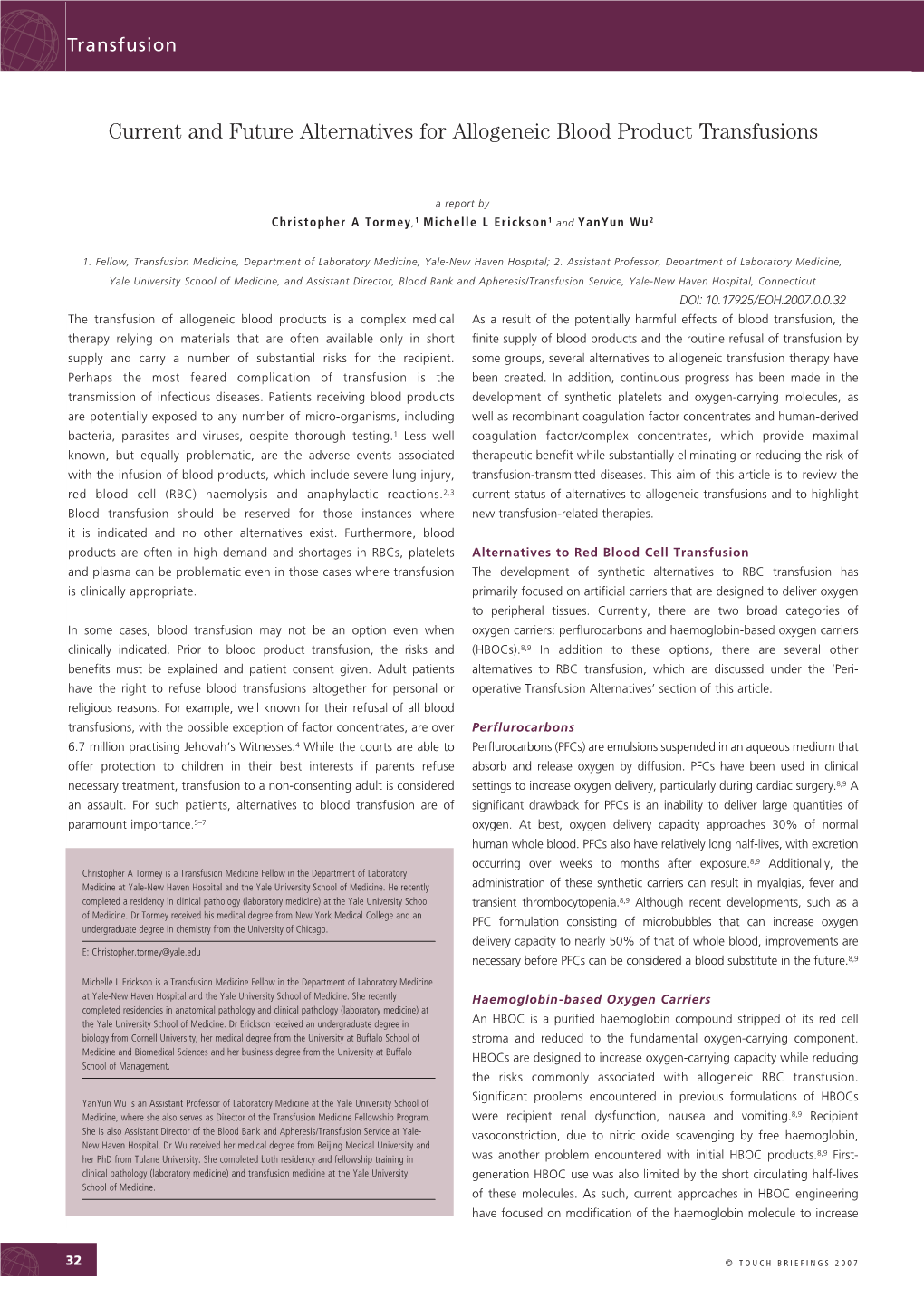 Current and Future Alternatives for Allogeneic Blood Product Transfusions