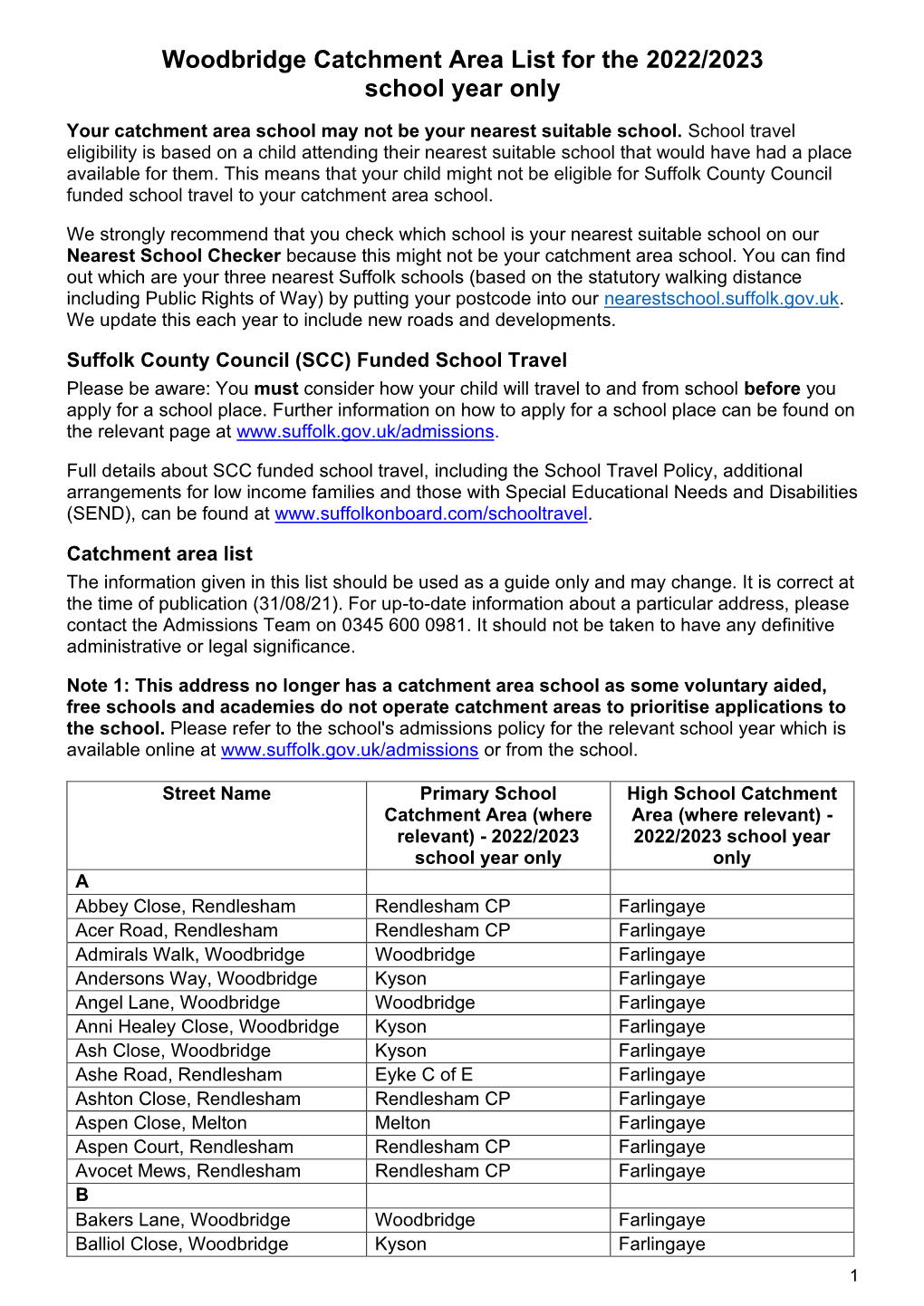 Woodbridge Catchment Area List for the 2022/2023 School Year Only