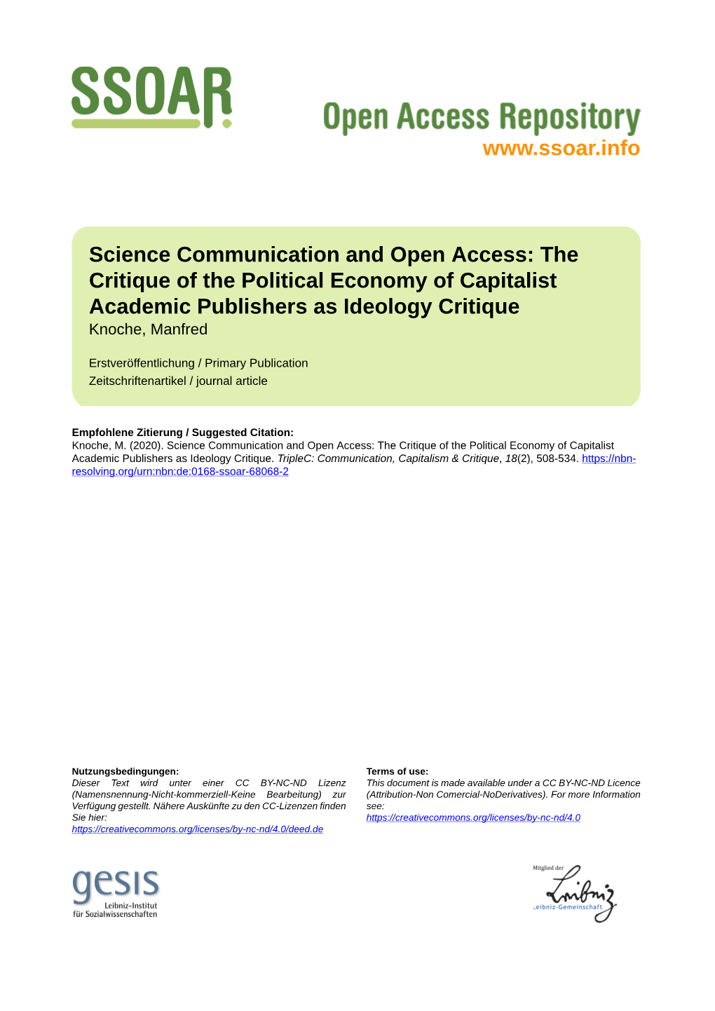 The Critique of the Political Economy of Capitalist Academic Publishers As Ideology Critique Knoche, Manfred