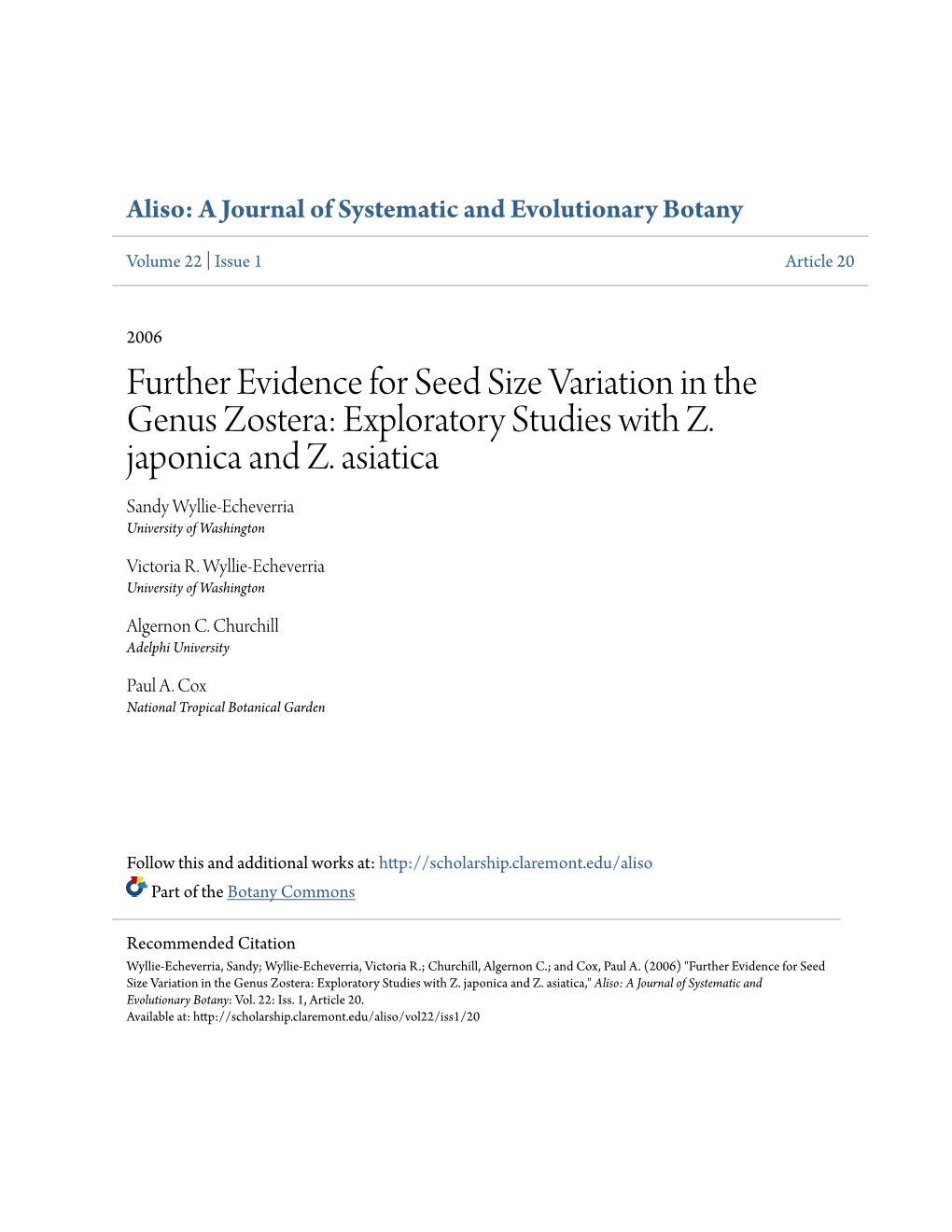 Further Evidence for Seed Size Variation in the Genus Zostera: Exploratory Studies with Z
