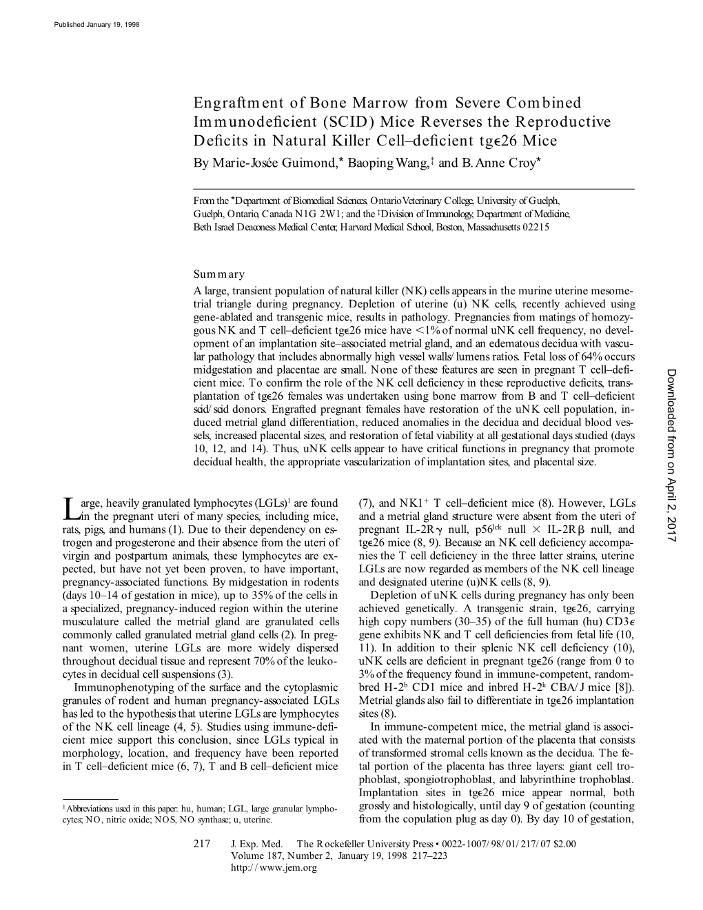 Engraftment of Bone Marrow from Severe Combined Immunodeficient