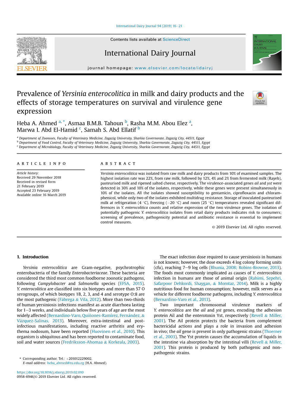 Prevalence of Yersinia Enterocolitica in Milk and Dairy Products and the Effects of Storage Temperatures on Survival and Virulence Gene Expression