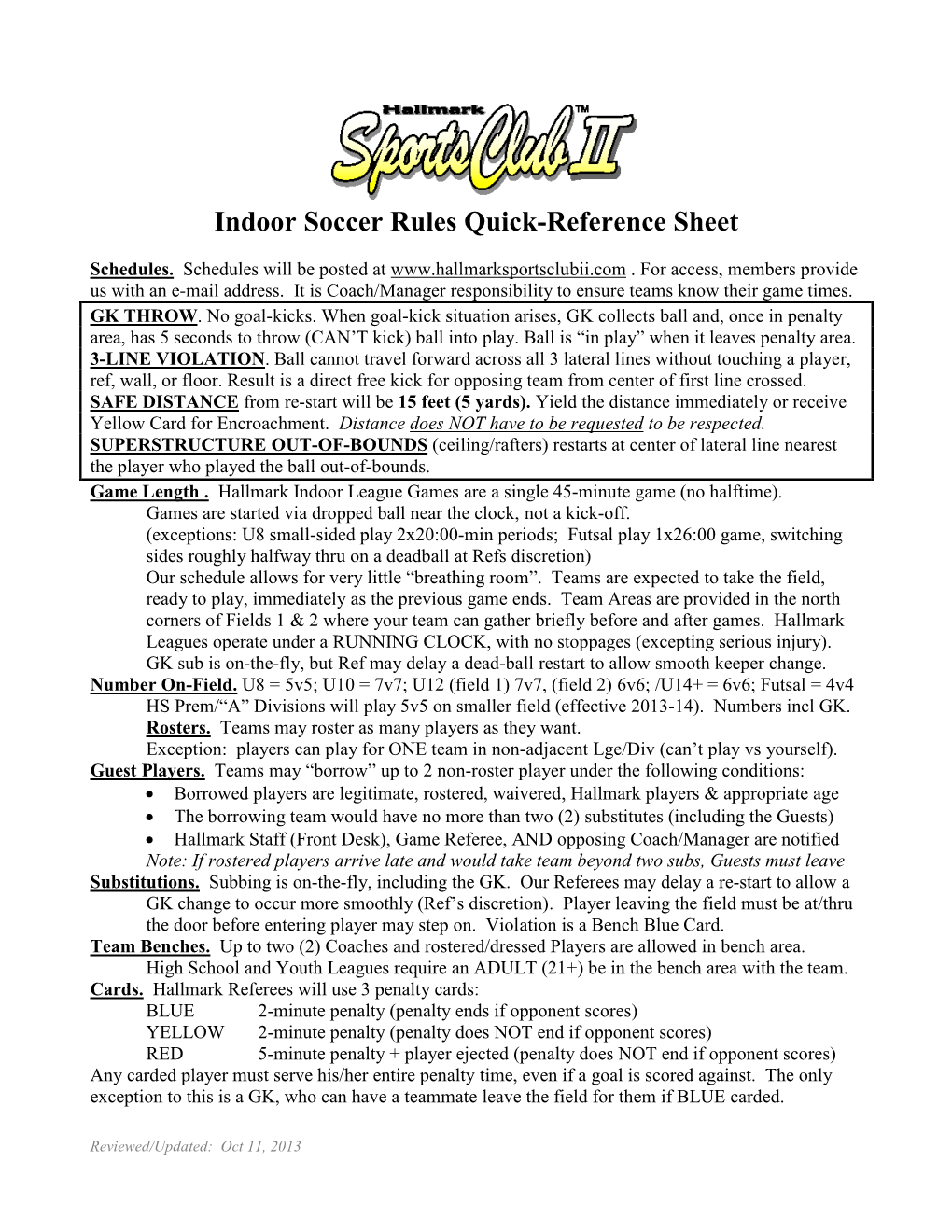 Indoor Soccer Rules Quick-Reference Sheet