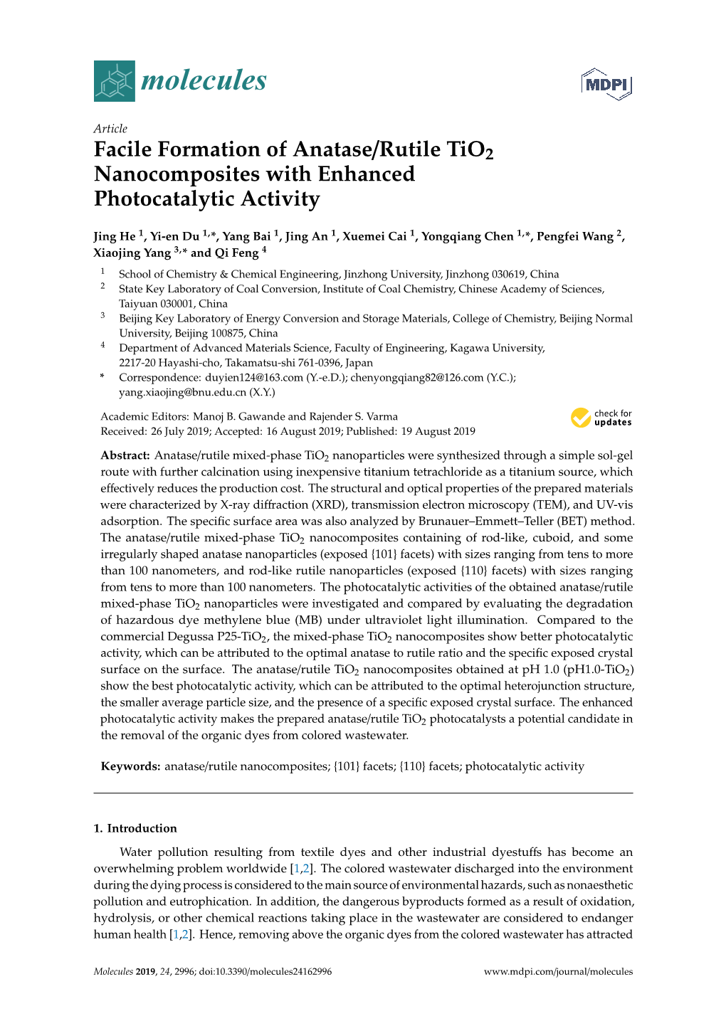 Facile Formation of Anatase/Rutile Tio2 Nanocomposites with Enhanced Photocatalytic Activity