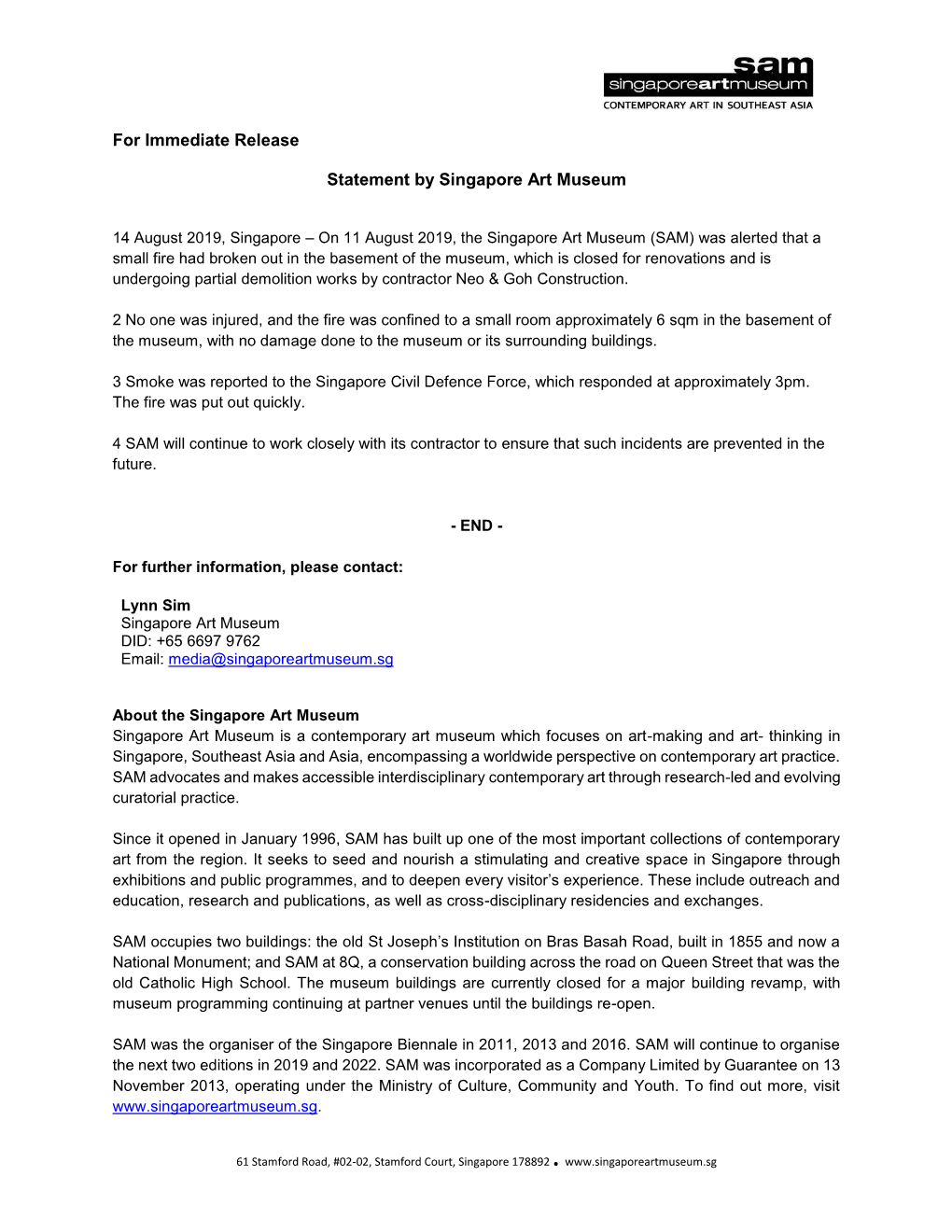For Immediate Release Statement by Singapore Art Museum