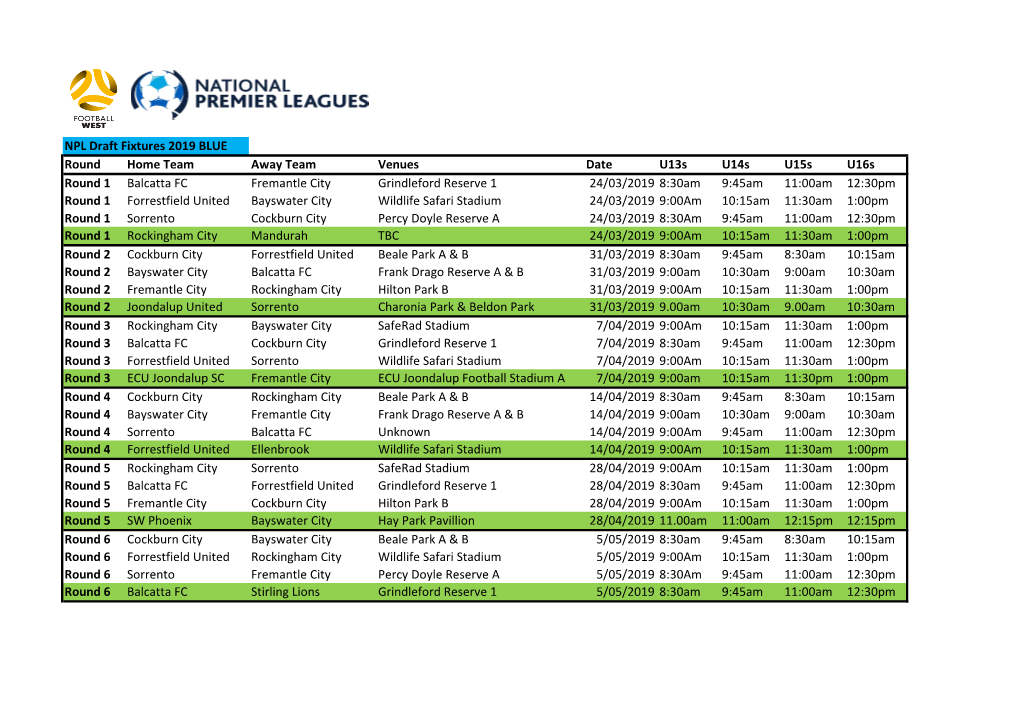 NPL Draft Fixtures 2019 BLUE Round Home Team Away