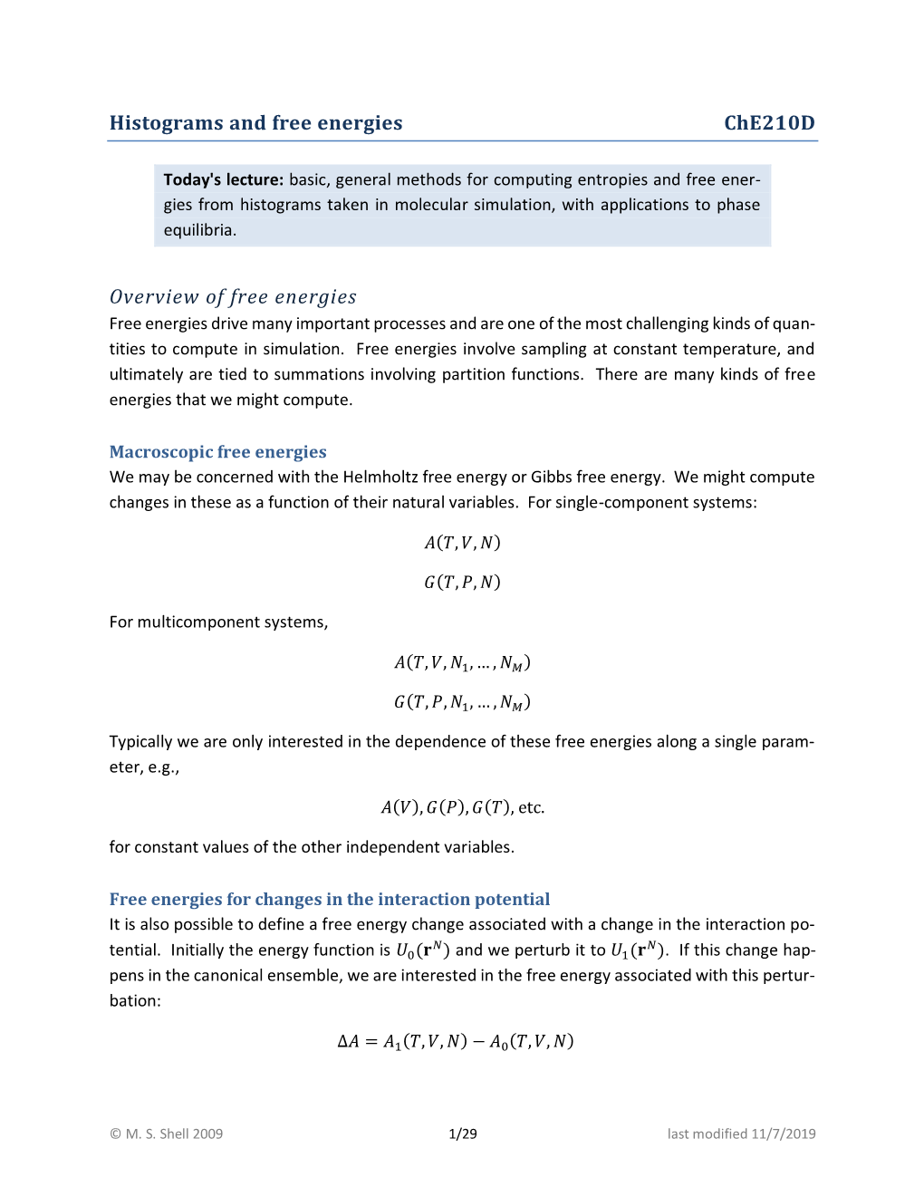 Histograms and Free Energies Che210d