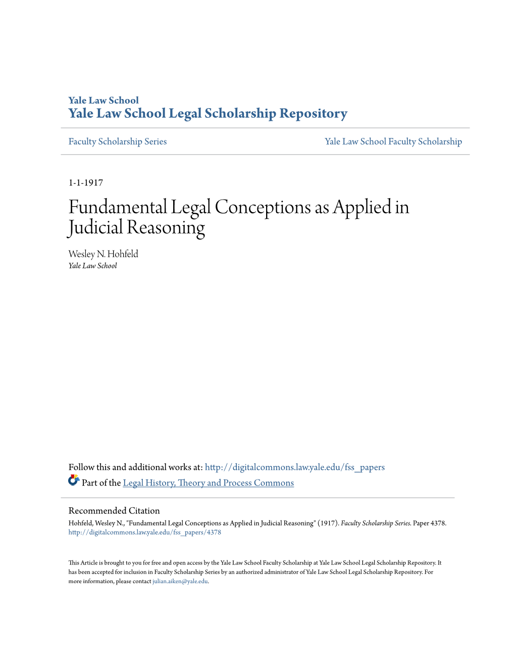 Fundamental Legal Conceptions As Applied in Judicial Reasoning Wesley N